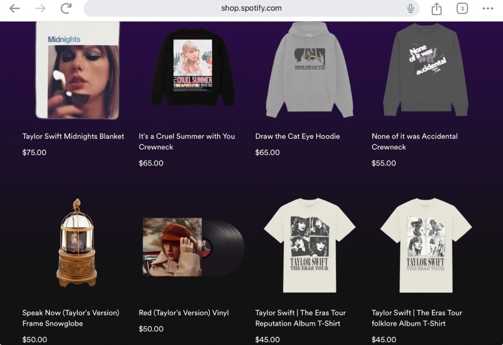 The Spotify webpage to buy merchandise. Features a blanket, hoodie, t-shirts and snow globe.