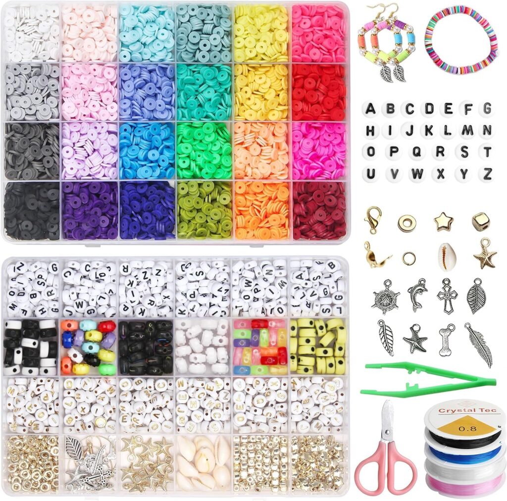 Picture of the friendship bracelet kit that includes the letter beads, colour beads, charms and accessories.